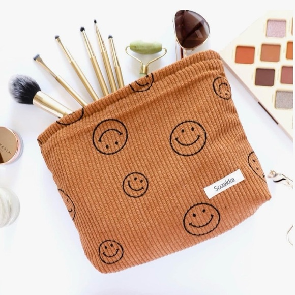 Corduroy Smiley Face Large Makeup Pouch Bag Makeup Organizer Bags Brown 2 for 1 - Picture 3 of 4
